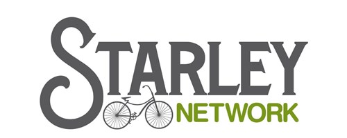 Starley  in grey text and the word network in green underneath. Also cartoon image of bicycle