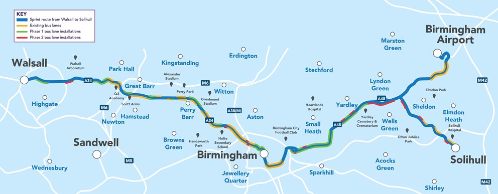Map of Sprint Network starting from Walsall, passing through Birmingham all the way to Birmingham Airport and Solihull